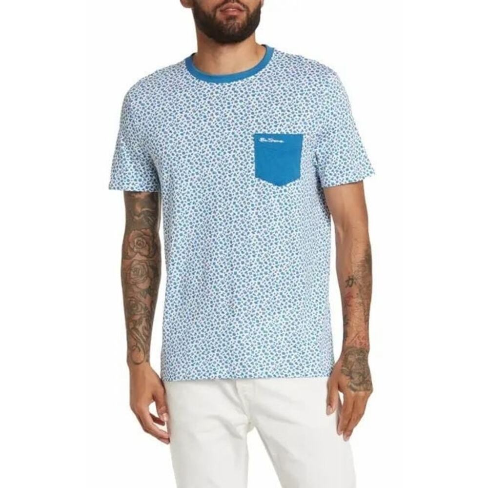 Ben Sherman Shirt Men's Size Medium NWT Micro Floral Pocket T-Shirt Blue White